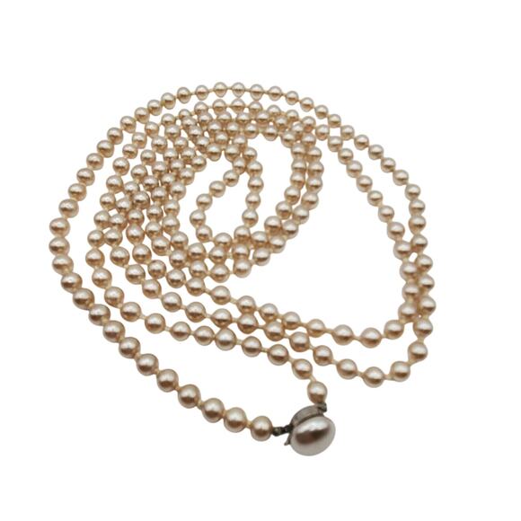 Long Faux Pearl Strand Necklace Hand Knotted Natural Color Flapper Japan 59" L - Picture 3 of 5